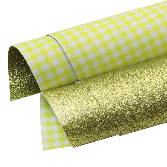 Yellow and White Plaid Glitter Double Sided Pattern Faux Leather Sheet