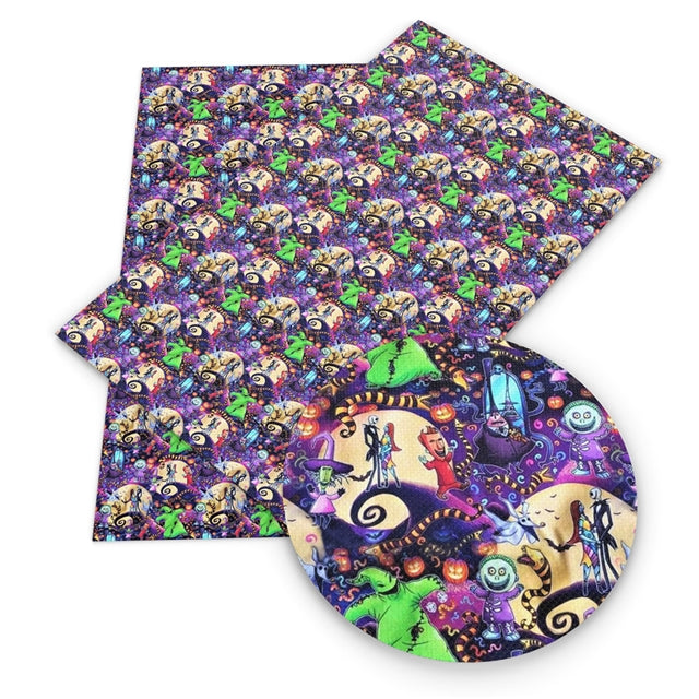 Nightmare Before Christmas Halloween  Litchi Printed Faux Leather Sheet Litchi has a pebble like feel with bright colors