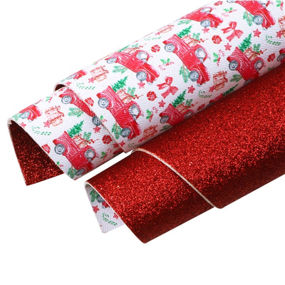 Red Christmas Truck Glitter Double Sided Pattern Faux Leather Sheet