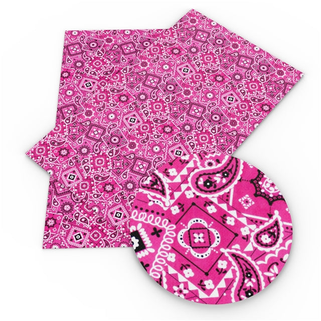 Pink Bandana Litchi Printed Faux Leather Sheet Litchi has a pebble like feel with bright colors