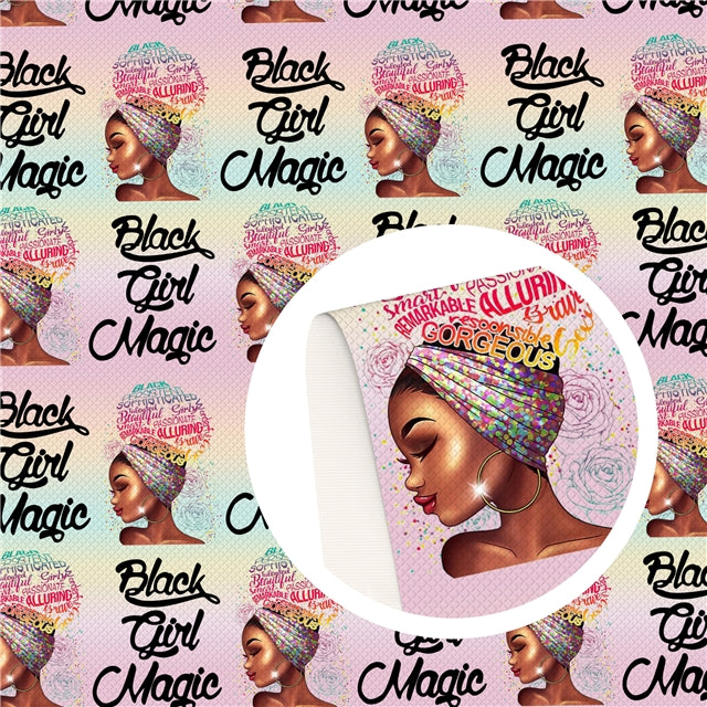 Black Girl Magic Litchi Printed Faux Leather Sheet Litchi has a pebble like feel with bright colors