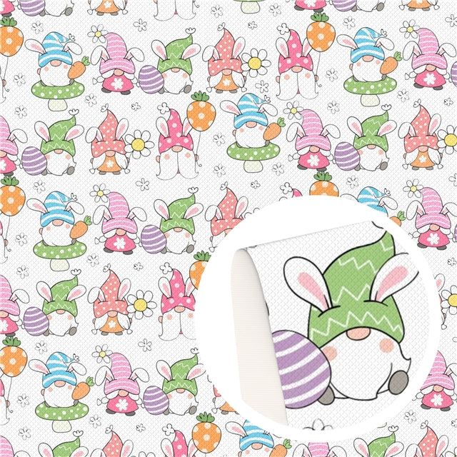 Easter Gnomes Litchi Printed Faux Leather Sheet Litchi has a pebble like feel with bright colors