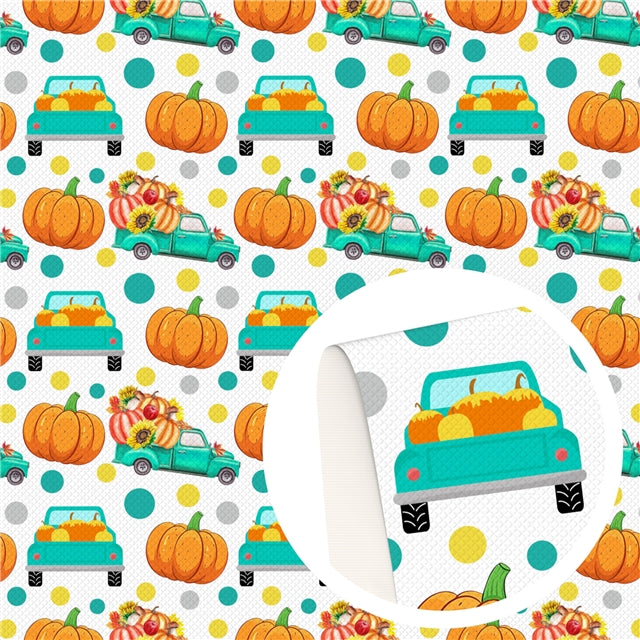 Fall Pumpkins and Trucks Litchi Printed Faux Leather Sheet