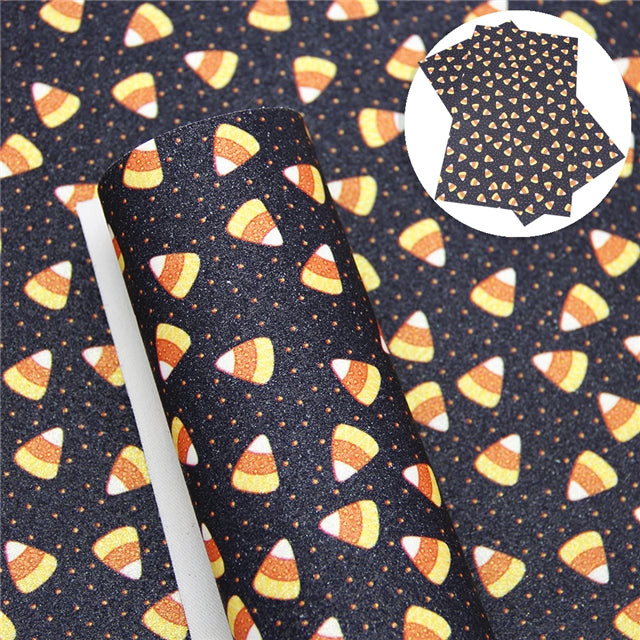 Halloween Candy Corn Litchi Printed Faux Leather Sheet Litchi has a pebble like feel with bright colors