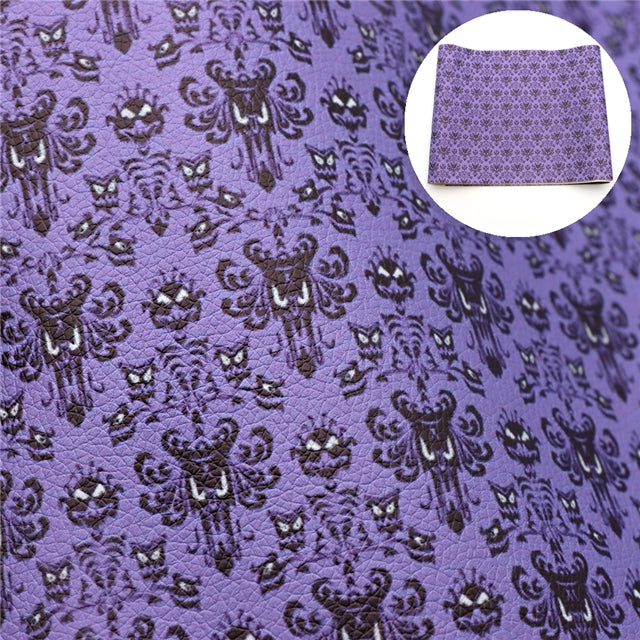 Haunted Mansion Purple Halloween Litchi Printed Faux Leather Sheet