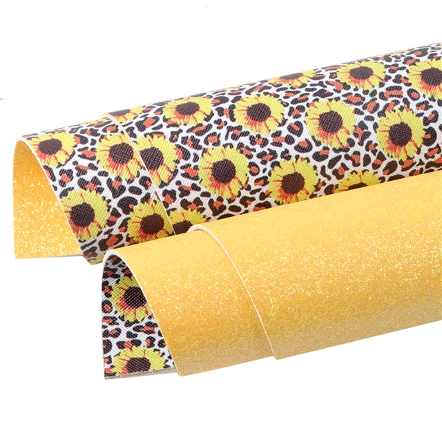 Sunflower Leopard Yellow Glitter Double Sided Printed Faux Leather Sheet