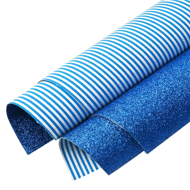 Blue and White Stripes Glitter Double Sided Pattern Faux Leather Sheet