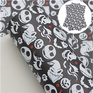 Nightmare Before Christmas Halloween Characters Litchi Printed Faux Leather Sheet Litchi has a pebble like feel with bright colors