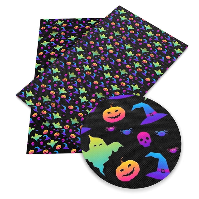 Halloween Litchi Printed Faux Leather Sheet Litchi has a pebble like feel with bright colors