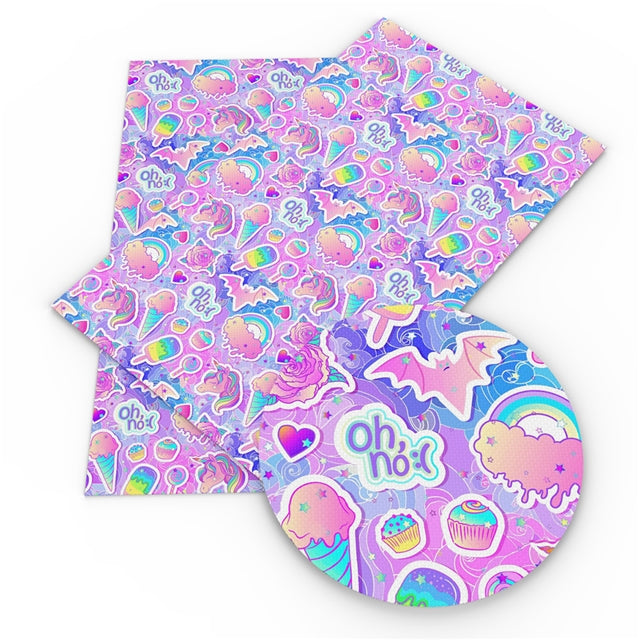 Rainbows and Unicorns Litchi Printed Faux Leather Sheet Litchi has a pebble like feel with bright colors