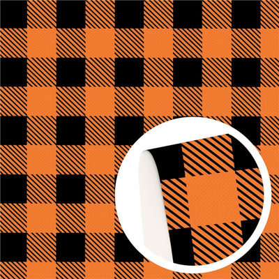 Halloween Orange and Black Plaid Litchi Printed Faux Leather Sheet