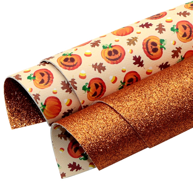 Fall Pumpkins Glitter Double Sided Pattern Faux Leather Sheet FeeFiFauxLeather