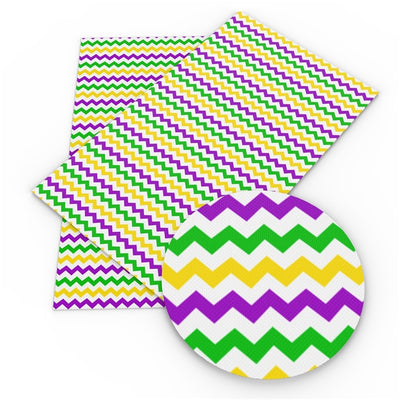 Mardi Gras Color Stripes Chevron Litchi Printed Faux Leather Sheet Litchi has a pebble like feel with bright colors