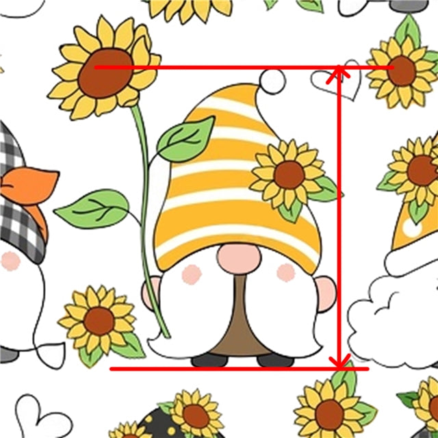 Summer Sunflower Gnomes Litchi Printed Faux Leather Sheet Litchi has a pebble like feel with bright colors