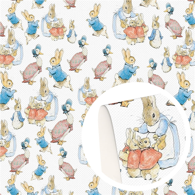 Peter Rabbit Litchi Printed Faux Leather Sheet Litchi has a pebble like feel with bright colors
