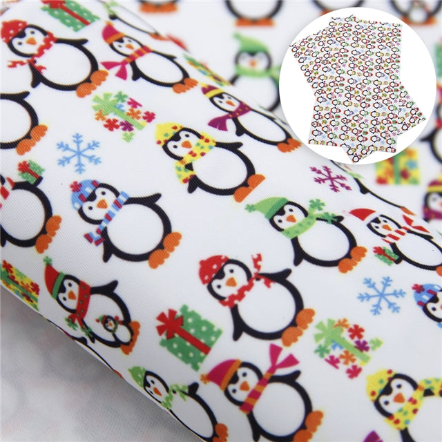 Christmas Penguins Litchi Printed Faux Leather Sheet Litchi has a pebble like feel with bright colors