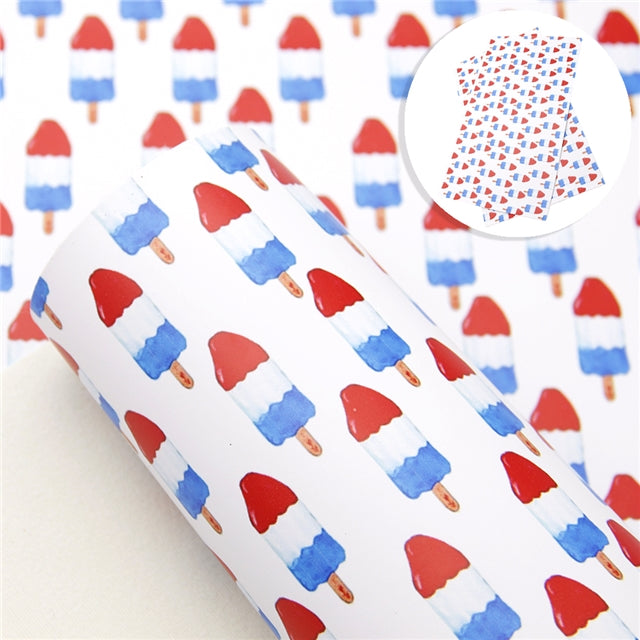 Red, White and Blue Popsicles Printed Faux Leather Sheet Litchi has a pebble like feel with bright colors