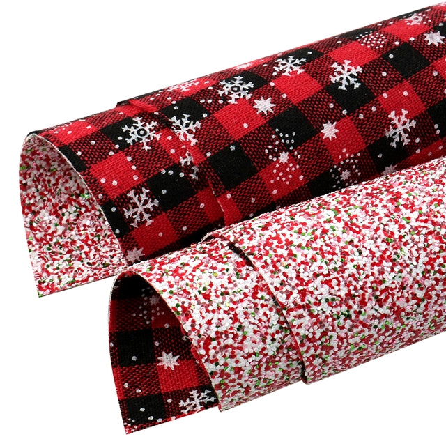 Buffalo Plaid with Red Glitter Double Sided Pattern Faux Leather Sheet