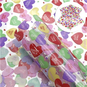 Valentine Candy Hearts Printed See Through Vinyl ,Clear, Transparent Vinyl Sheet