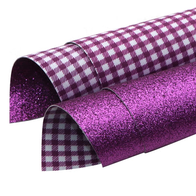 Purple and White Plaid Glitter Double Sided Pattern Faux Leather Sheet