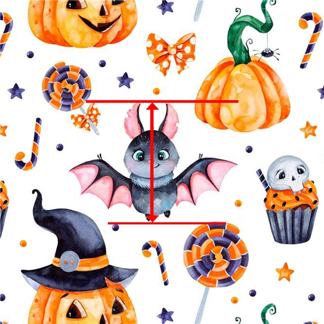 Halloween Pumpkins and Bats Litchi Printed Faux Leather Sheet Litchi has a pebble like feel with bright colors