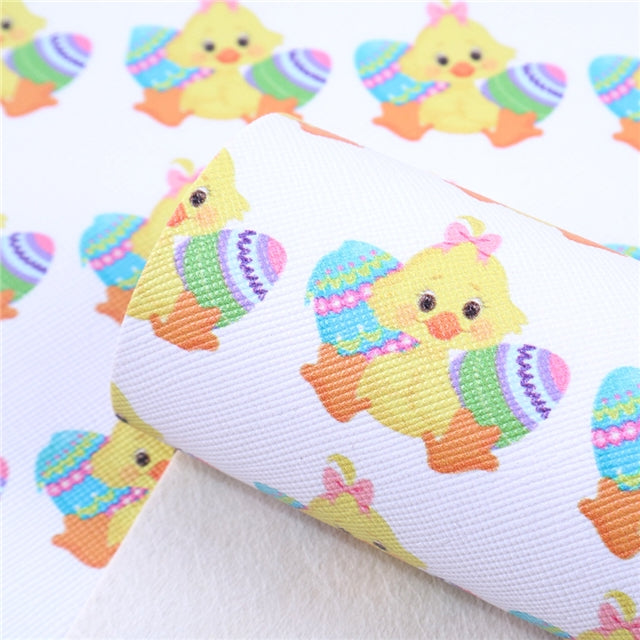 Easter Chicks Litchi Printed Faux Leather Sheet Litchi has a pebble like feel with bright colors