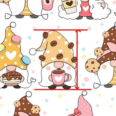 Coffee and Cake Gnomes Litchi Printed Faux Leather Sheet Litchi has a pebble like feel with bright colors