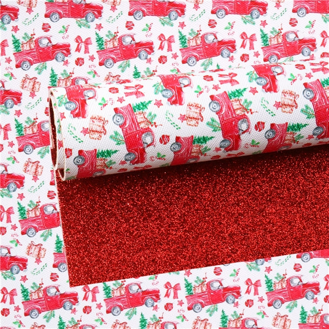 Red Christmas Truck Glitter Double Sided Pattern Faux Leather Sheet