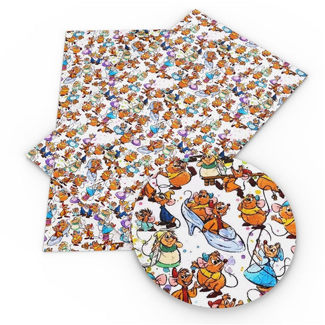 Princess Cinderella’s Mice Litchi Printed Faux Leather Sheet Litchi has a pebble like feel with bright colors