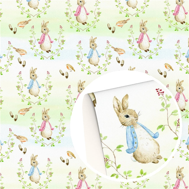 Peter Rabbit Litchi Printed Faux Leather Sheet Litchi has a pebble like feel with bright colors