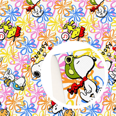 Snoopy and Woodstock Litchi Printed Faux Leather Sheet Litchi has a pebble like feel with bright colors