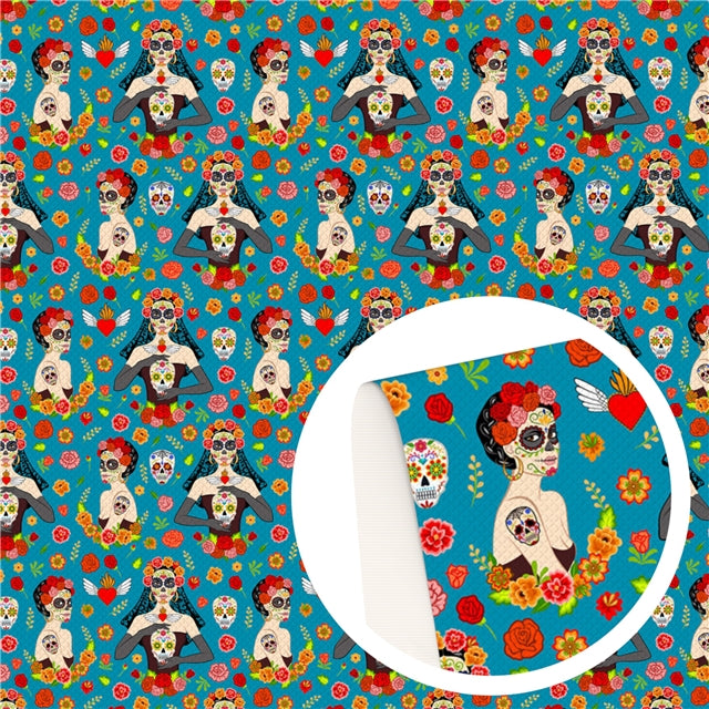 Sugar Skull Girl Litchi Printed Faux Leather Print Sheet