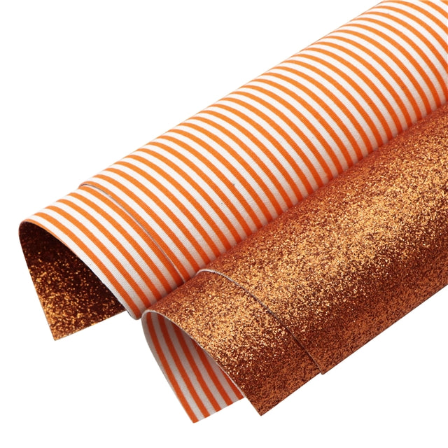 Orange and White Stripes Glitter Double Sided Pattern Faux Leather Sheet