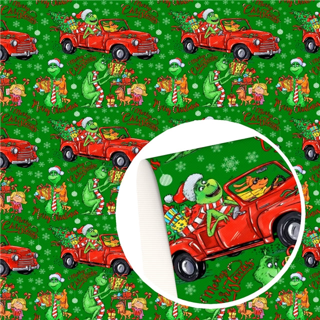 Dr Seuss The Grinch Christmas Litchi Printed Faux Leather Sheet Litchi has a pebble like feel with bright colors