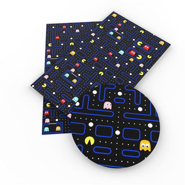 Pac-Man Litchi Printed Faux Leather Sheet Litchi has a pebble like feel with bright colors