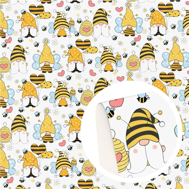 Bee Gnomes Printed Faux Leather Sheet Litchi has a pebble like feel with bright colors