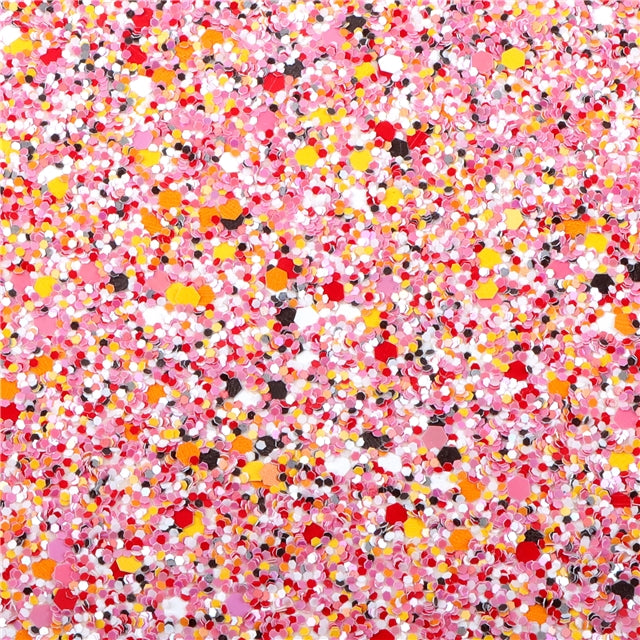 Pink, Red, Yellow Chunky Glitter Printed Faux Leather Print Sheet