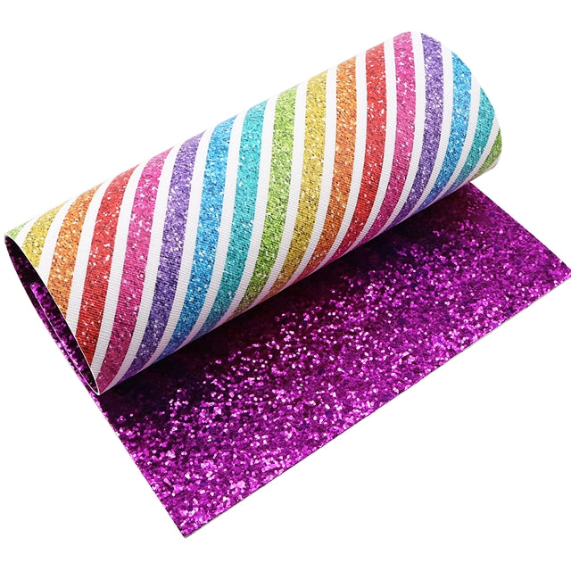 Rainbow Stripes Glitter Double Pattern Faux Leather Sheet