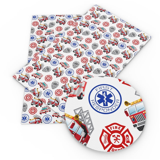 Fire Fighter First Responder Litchi Printed Faux Leather Sheet Litchi has a pebble like feel with bright colors