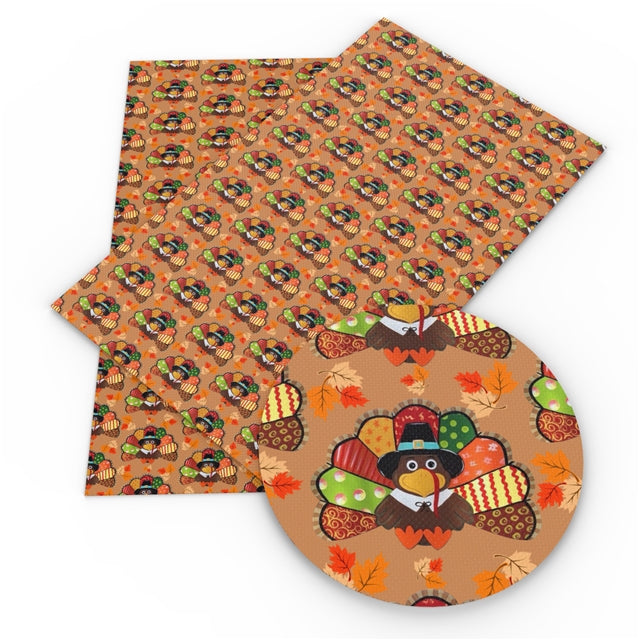 Thanksgiving Turkey Litchi Printed Faux Leather Sheet