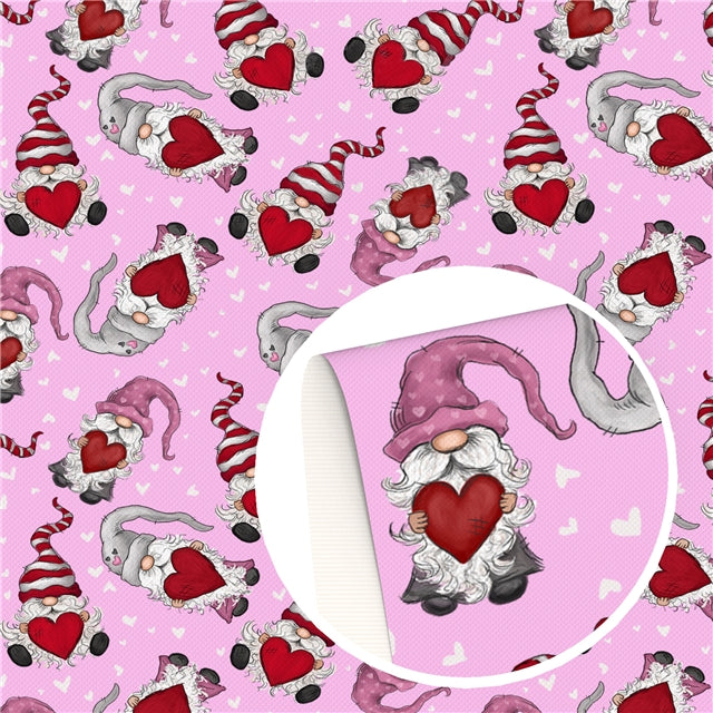 Valentine Gnomes Litchi Printed Faux Leather Sheet Litchi has a pebble like feel with bright colors