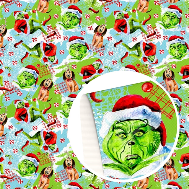 Dr Seuss The Grinch Christmas Litchi Printed Faux Leather Sheet Litchi has a pebble like feel with bright colors