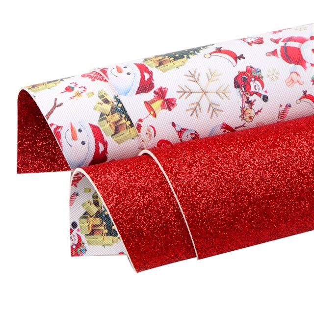 Christmas and Red Glitter Double Sided Printed Faux Leather Sheet